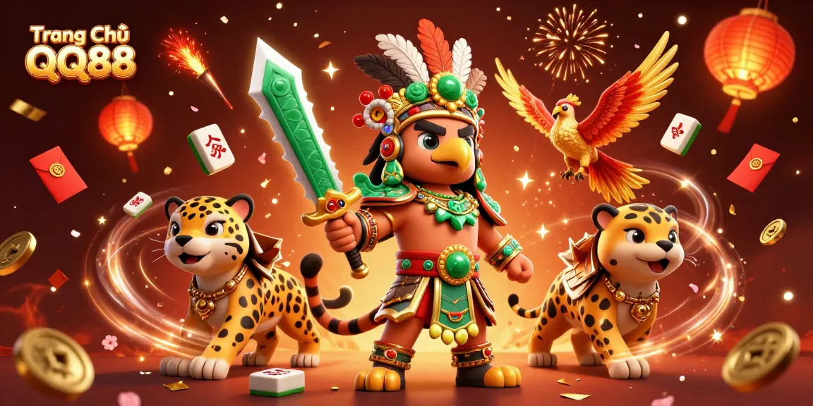Experience the thrill of Trang Chủ QQ88 with vibrant Aztec warriors amidst festive casino elements.