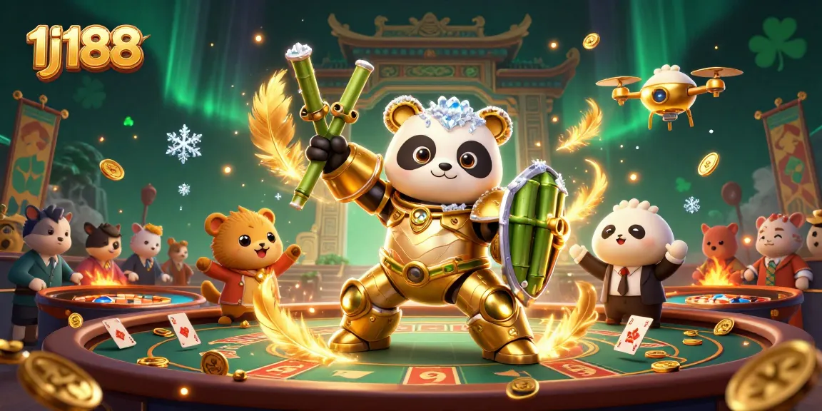 Join the excitement at 1j188 with this vibrant scene depicting a live casino atmosphere featuring a golden panda in a mech suit.