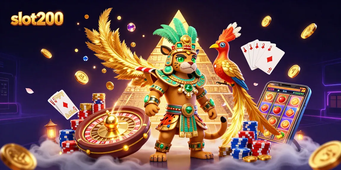 Experience excitement with slot200 as golden coins and colorful elements fly in this vibrant casino scene.