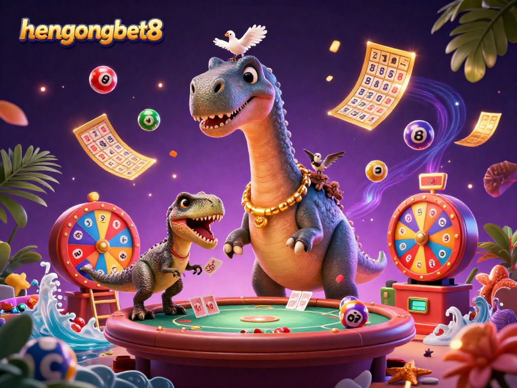 Join the action at hengongbet8 with a colorful casino scene featuring a brontosaurus, clever raptor, and vibrant games.