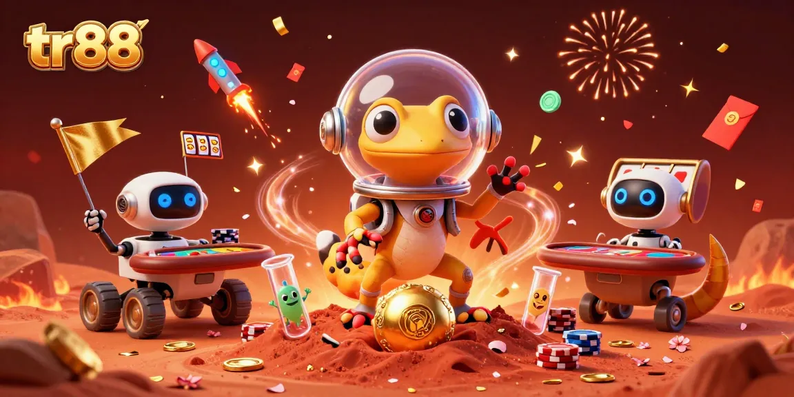 Win big at the tr88 online casino with a Martian gecko discovering treasures in a vibrant setting.
