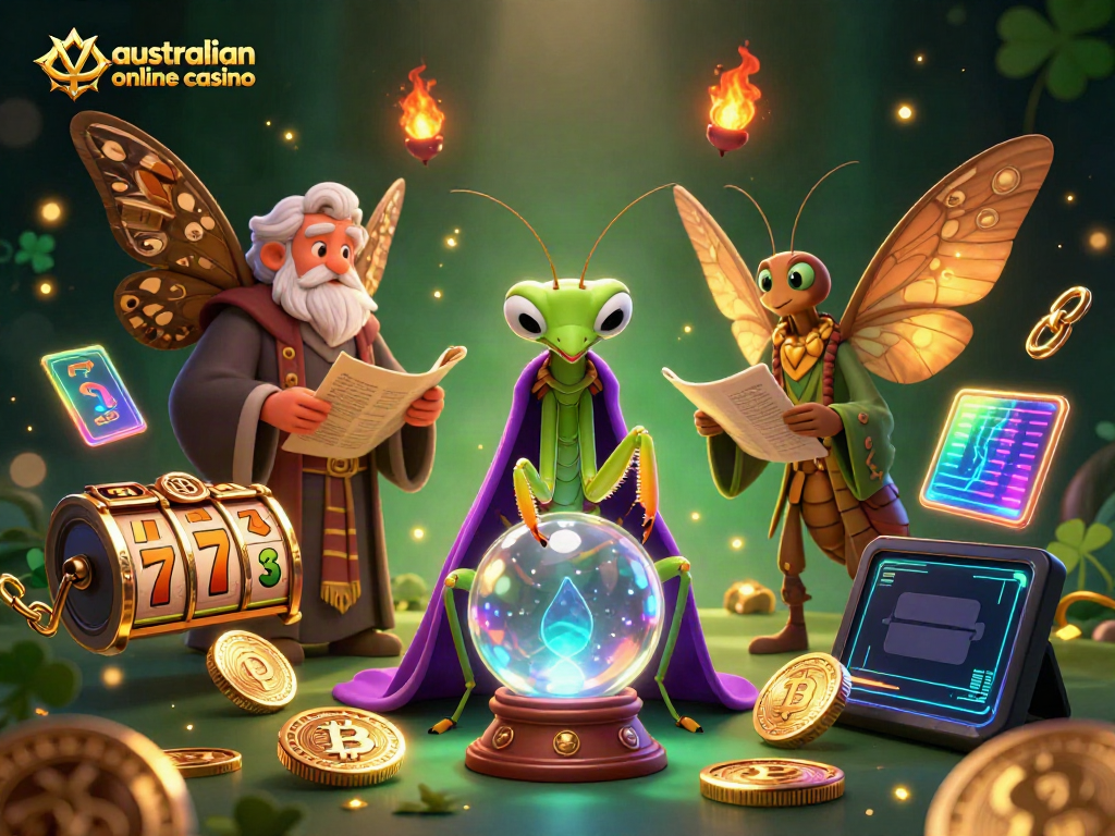 Engaging visual of an australian online casino featuring a praying mantis fortune teller, moth librarian, slot reels, and crypto coins