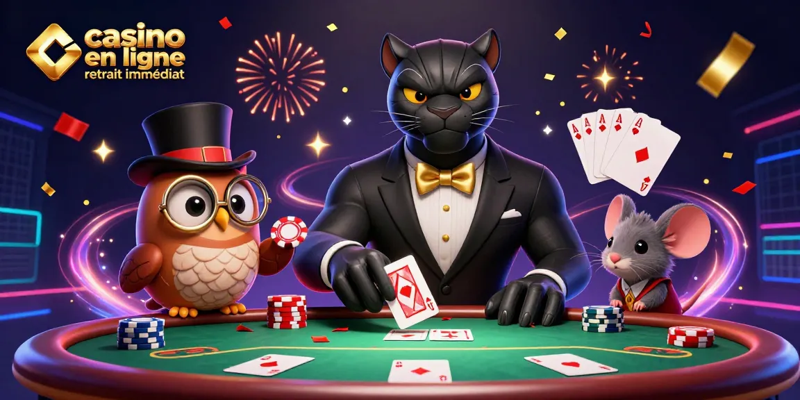 Illustration vibrante avec un panthère en smoking, une chouette et une souris autour de jeux de casino, mettant en avant "casino en ligne retrait immédiat".