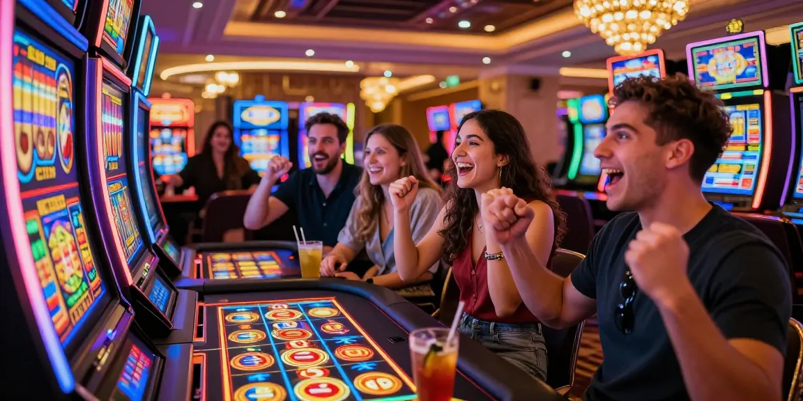 Excited players engaging with colorful เกมสล็อต machines in a vibrant casino atmosphere, celebrating wins.