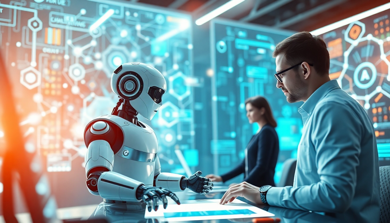 Ai agents assisting users in a futuristic digital workspace with holographic displays.