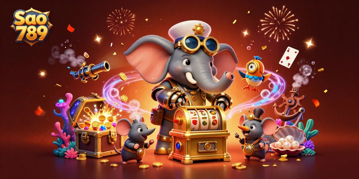 Sao 789 provides thrilling casino action as a steampunk elephant operates a golden slot machine amid underwater treasures.