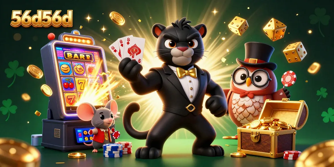 O 56d56d apresenta uma cena vibrante com uma pantera de smoking jogando cartas em um cassino lotado.