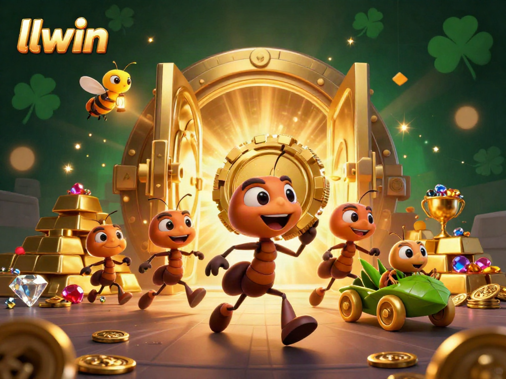 Ants carrying a giant poker chip in an LLWIN-themed heist scene filled with gold and jewels.