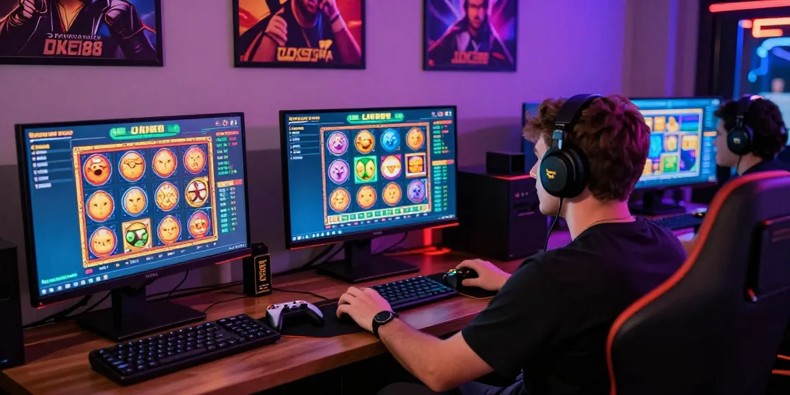 Player immersed in exciting LOKET88 online slot games with vibrant game screens and dynamic atmosphere.