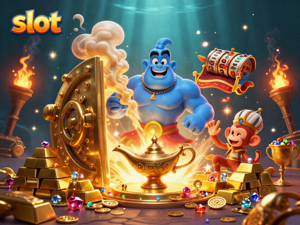 Slot mesin yang menarik dengan genie biru dan kekayaan bersinar.