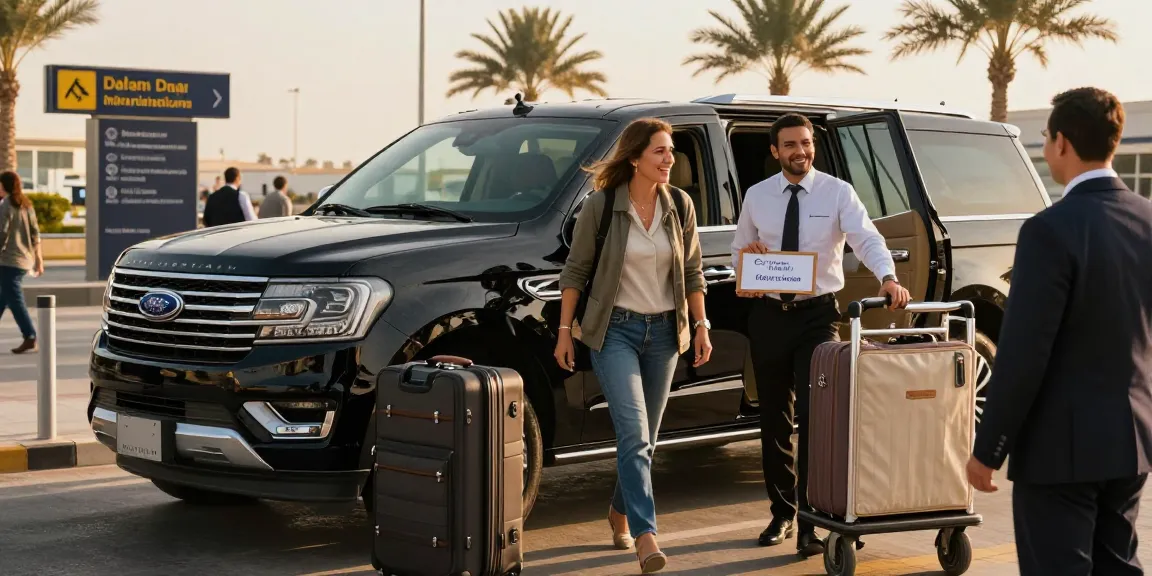 Airport Transfers Service Dubai with luxury vehicle and professional chauffeur at Dubai airport.