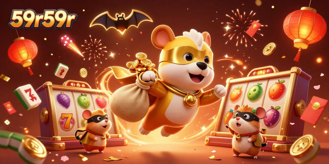 Experience fun with 59r59r in a vibrant illustration featuring exciting slot games and lively characters.