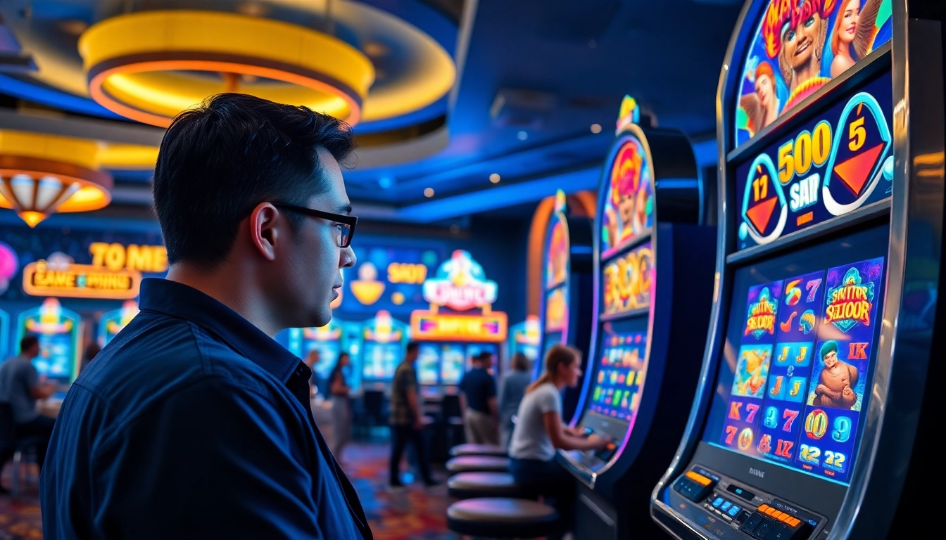 Engaging slot gambling experience with vibrant machines and enthusiastic players in a lively casino.