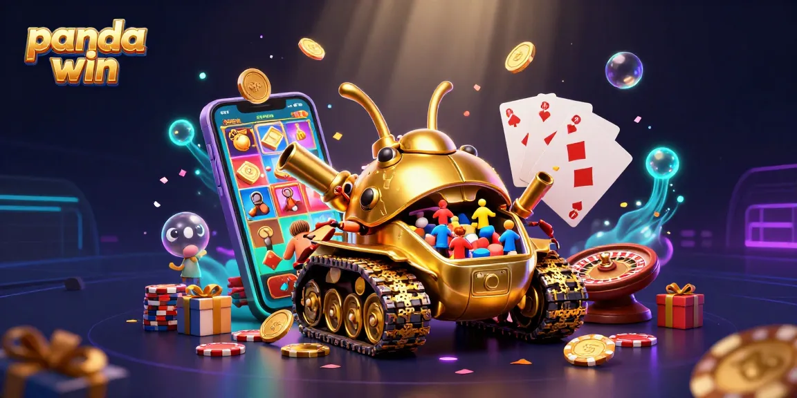 Panda win showcases a vibrant 3D casino scene filled with golden coins and festive game elements.