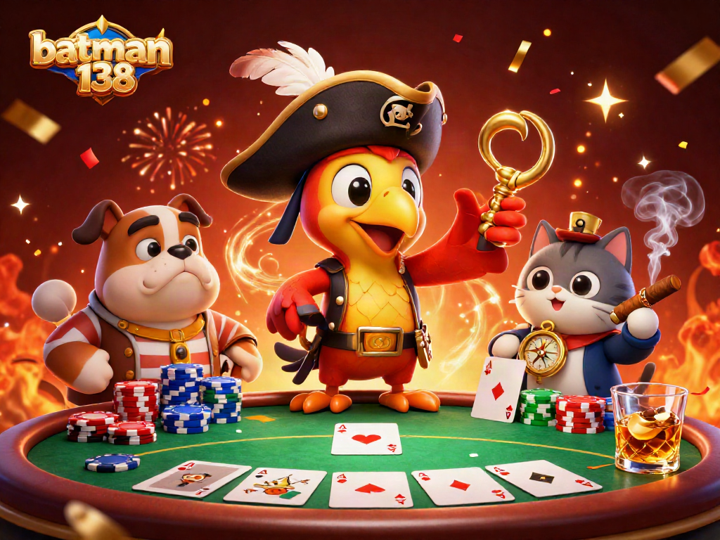 Join the excitement of batman138 at an energetic poker scene filled with vibrant characters and gambling elements.