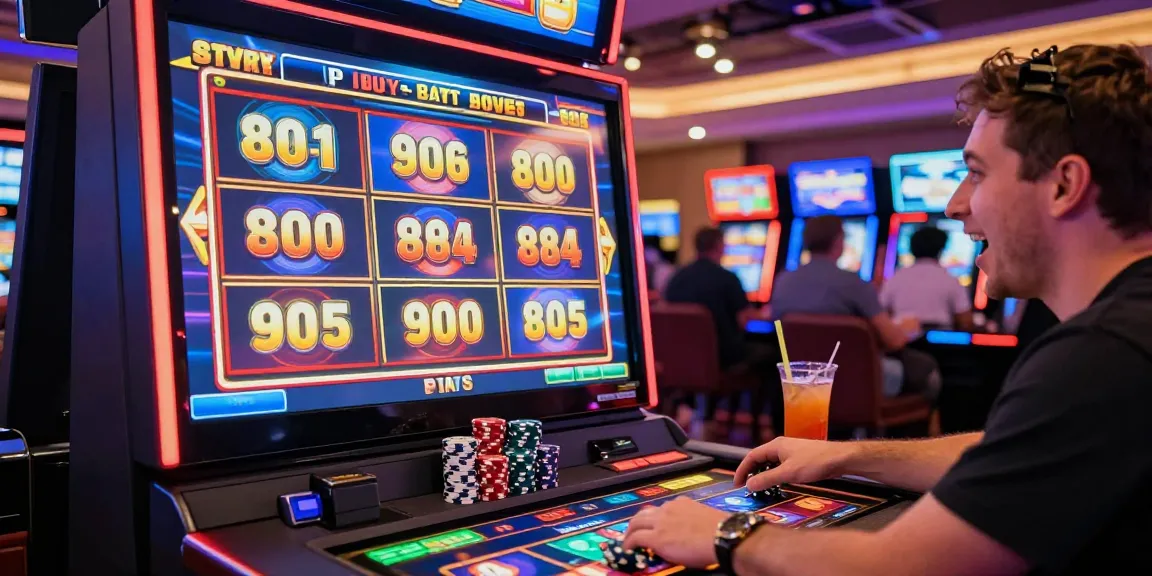 Player enjoying bonus buy slots at a vibrant casino, highlighting dynamic gaming experience.